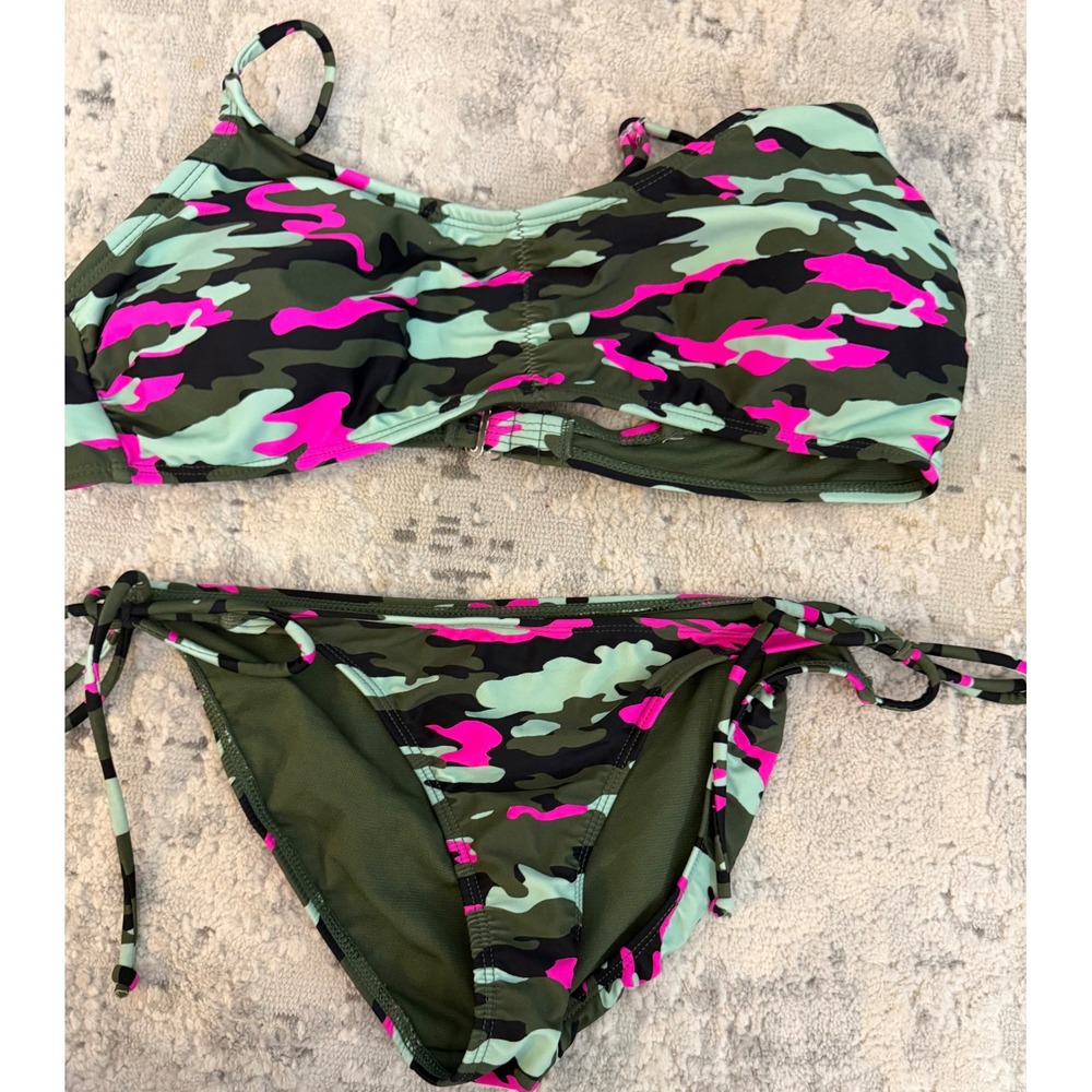 No Boundaries Pink Green Camo Bikini Set xl Top Small Bottoms Swimsuit 2 Piece